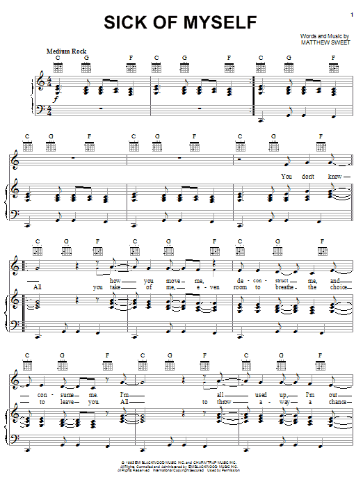 Matthew Sweet Sick Of Myself sheet music notes and chords arranged for Piano, Vocal & Guitar Chords (Right-Hand Melody)