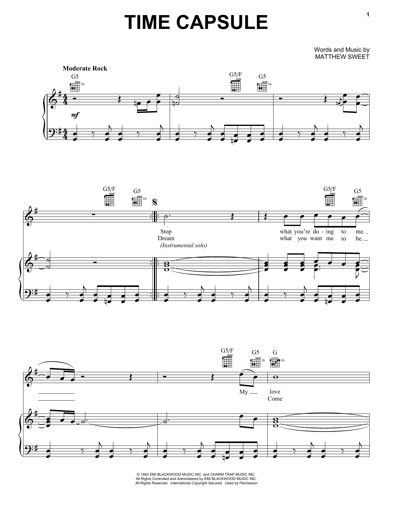 Matthew Sweet Time Capsule sheet music notes and chords arranged for Piano, Vocal & Guitar Chords (Right-Hand Melody)
