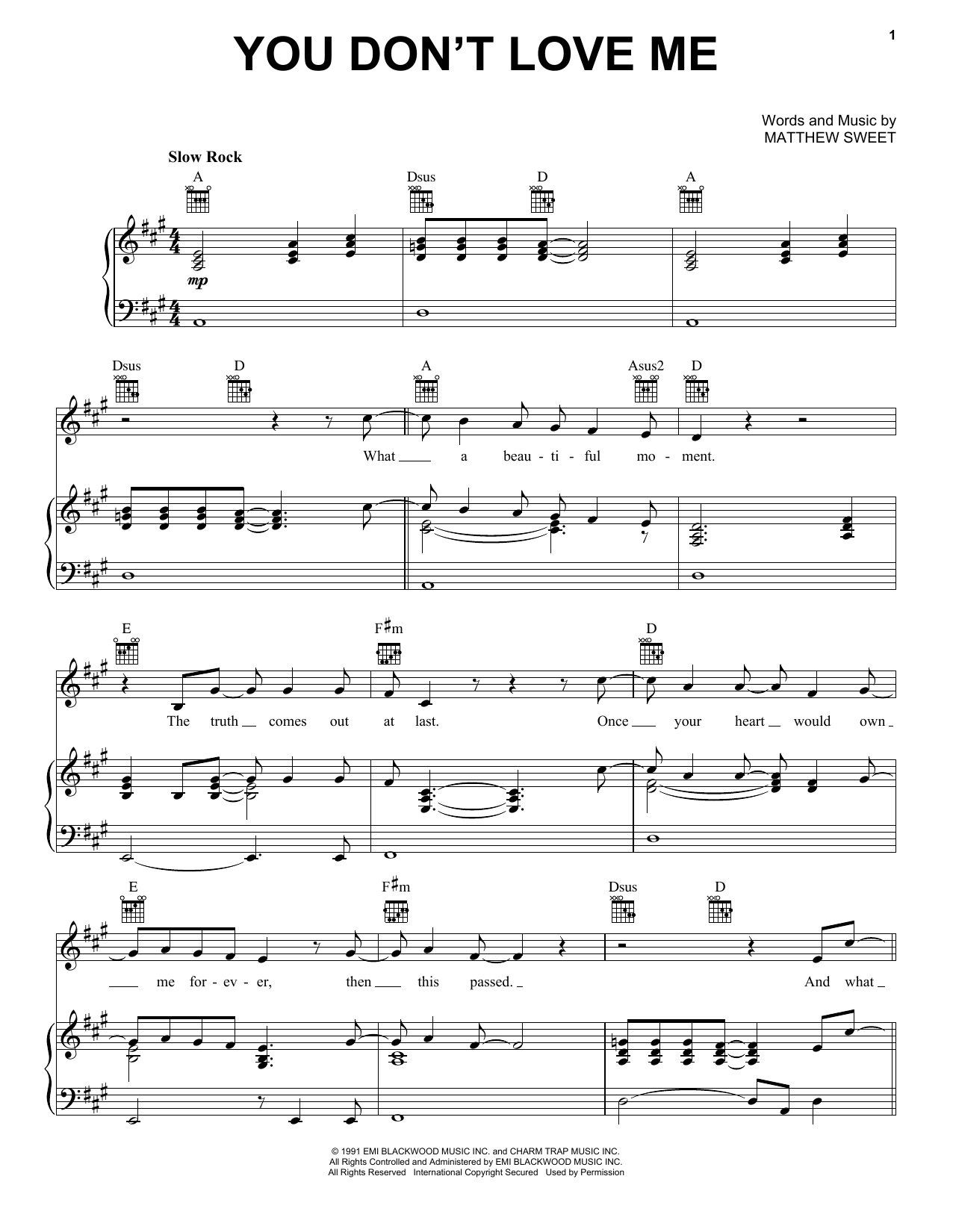 Matthew Sweet You Don't Love Me sheet music notes and chords arranged for Piano, Vocal & Guitar Chords (Right-Hand Melody)