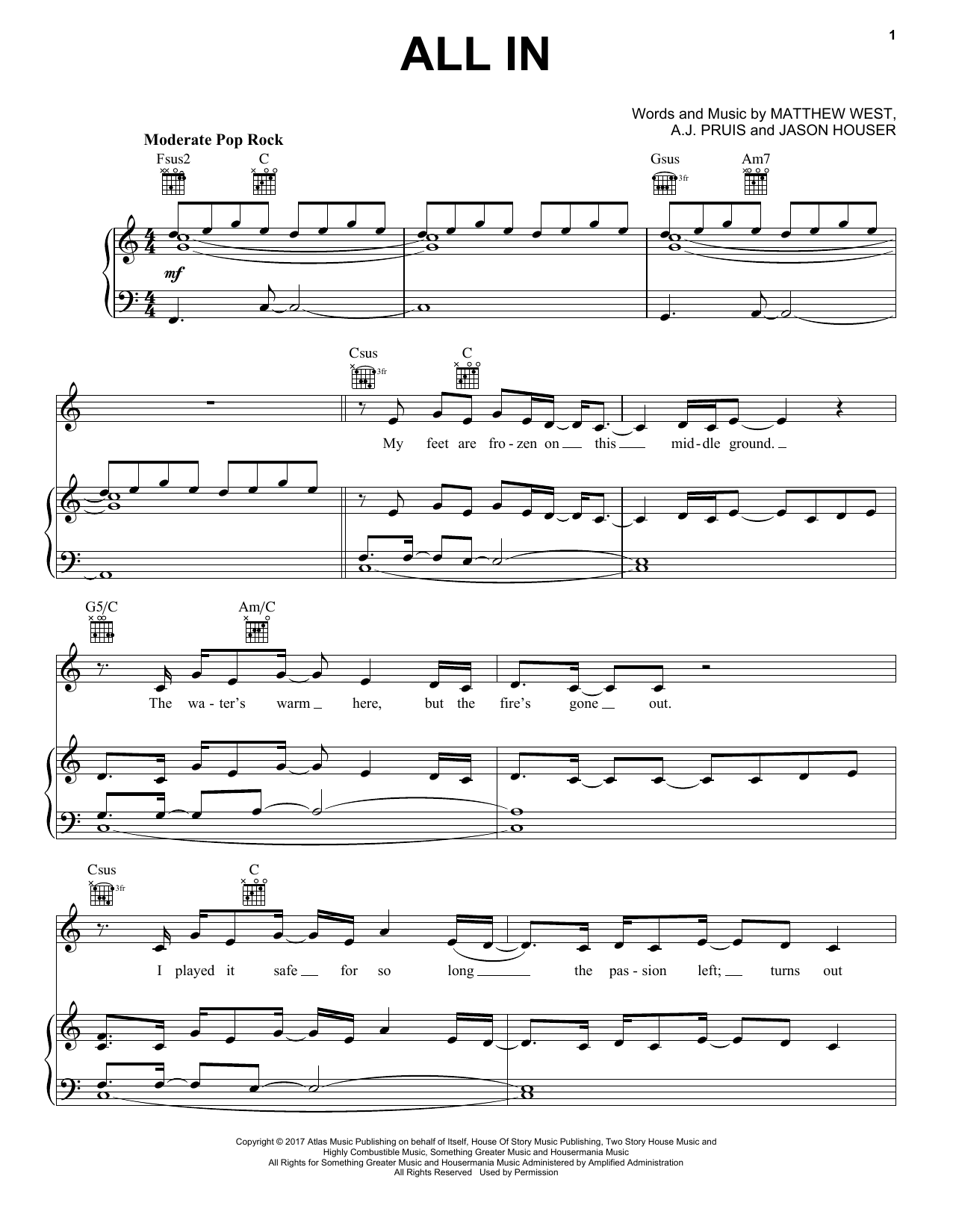 Matthew West All In sheet music notes and chords arranged for Piano, Vocal & Guitar Chords (Right-Hand Melody)