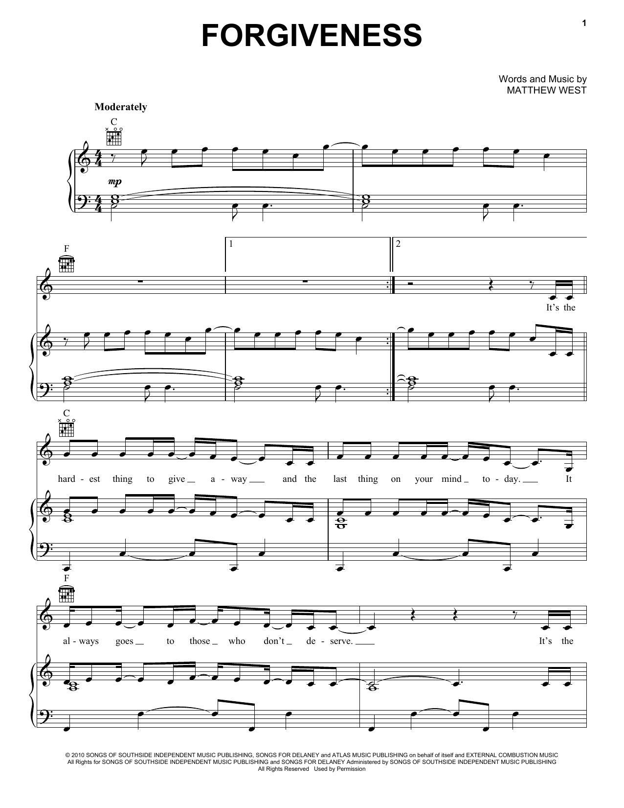 Matthew West Forgiveness sheet music notes and chords arranged for Piano, Vocal & Guitar Chords (Right-Hand Melody)