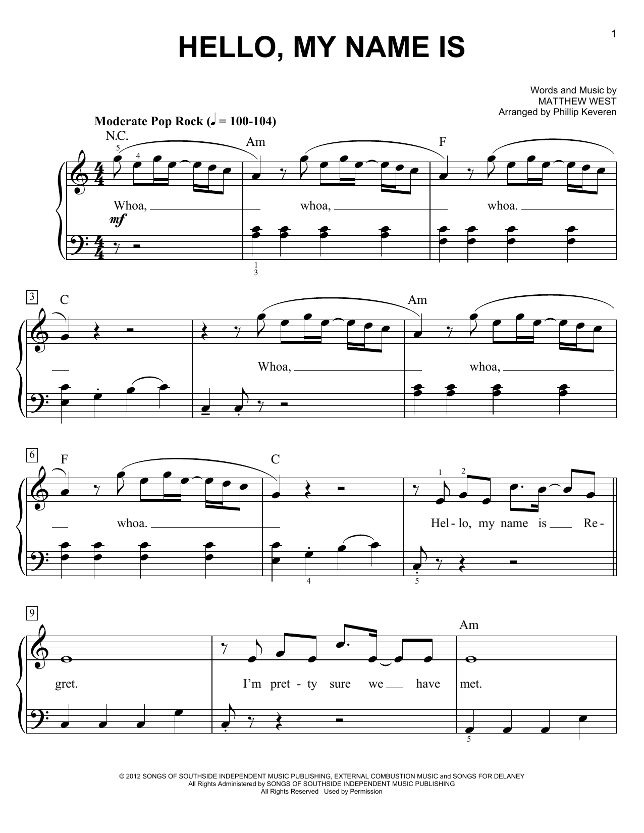 Matthew West Hello, My Name Is (arr. Phillip Keveren) sheet music notes and chords arranged for Easy Piano
