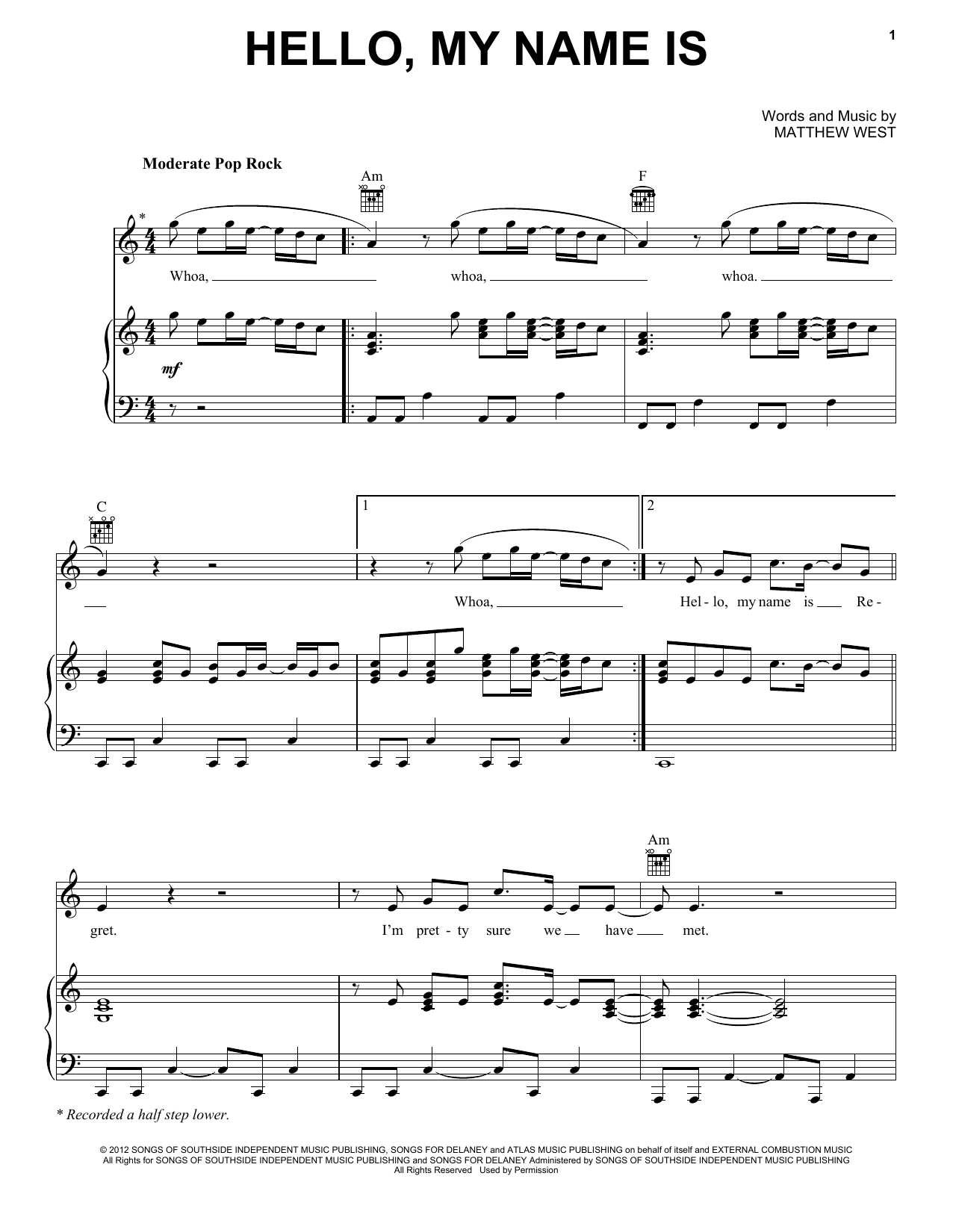 Matthew West Hello, My Name Is sheet music notes and chords arranged for Piano, Vocal & Guitar Chords (Right-Hand Melody)