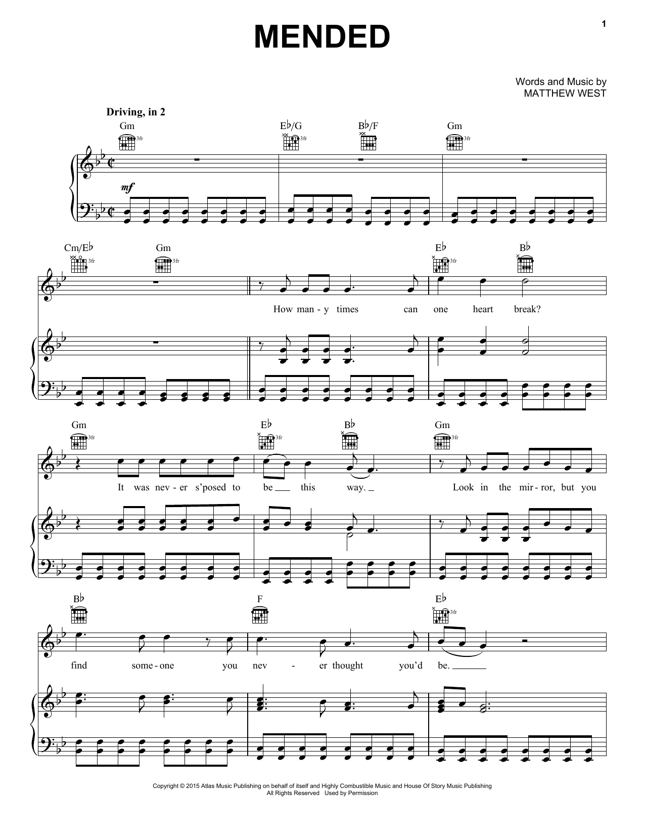 Matthew West Mended sheet music notes and chords arranged for Piano, Vocal & Guitar Chords (Right-Hand Melody)
