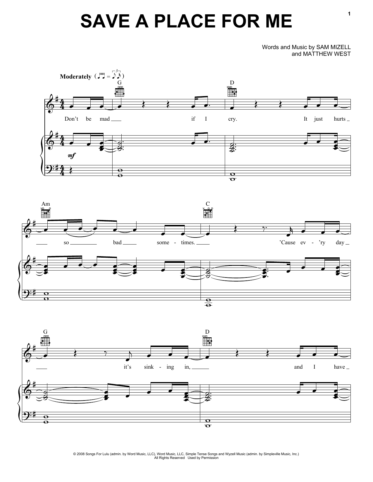 Matthew West Save A Place For Me sheet music notes and chords arranged for Piano, Vocal & Guitar Chords (Right-Hand Melody)