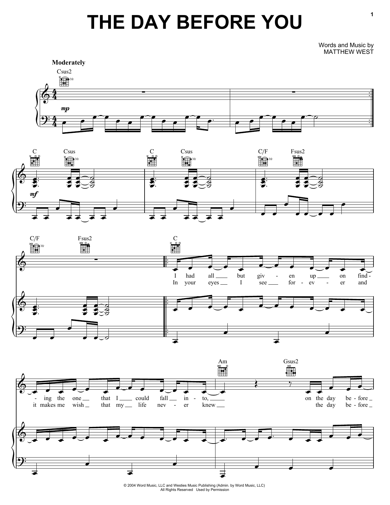 Matthew West The Day Before You sheet music notes and chords arranged for Piano, Vocal & Guitar Chords (Right-Hand Melody)