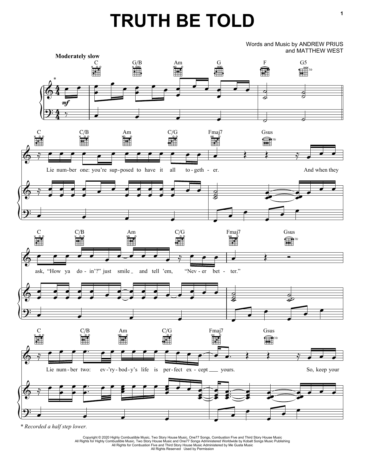 Matthew West Truth Be Told sheet music notes and chords arranged for Piano, Vocal & Guitar Chords (Right-Hand Melody)