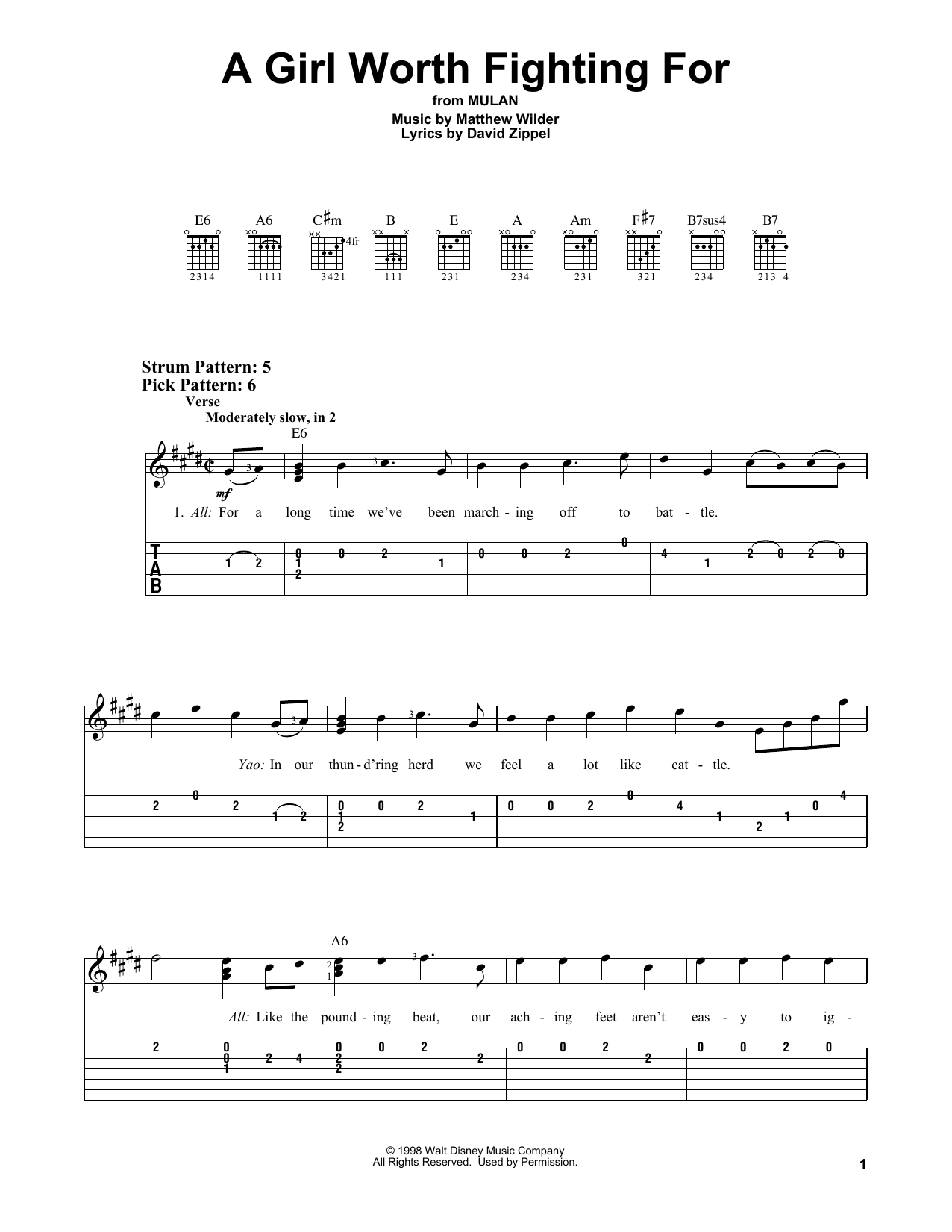 Matthew Wilder & David Zippel A Girl Worth Fighting For (from Mulan) sheet music notes and chords arranged for Easy Guitar Tab