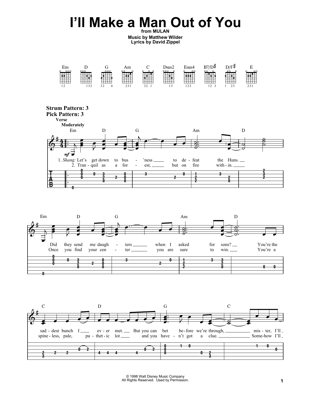 Matthew Wilder & David Zippel I'll Make A Man Out Of You (from Mulan) sheet music notes and chords arranged for Easy Guitar Tab