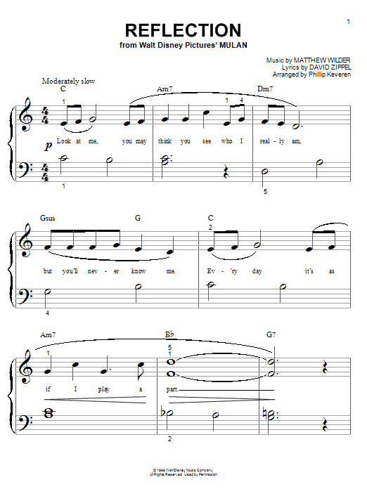 Matthew Wilder & David Zippel Reflection (from Mulan) (arr. Phillip Keveren) sheet music notes and chords arranged for Big Note Piano