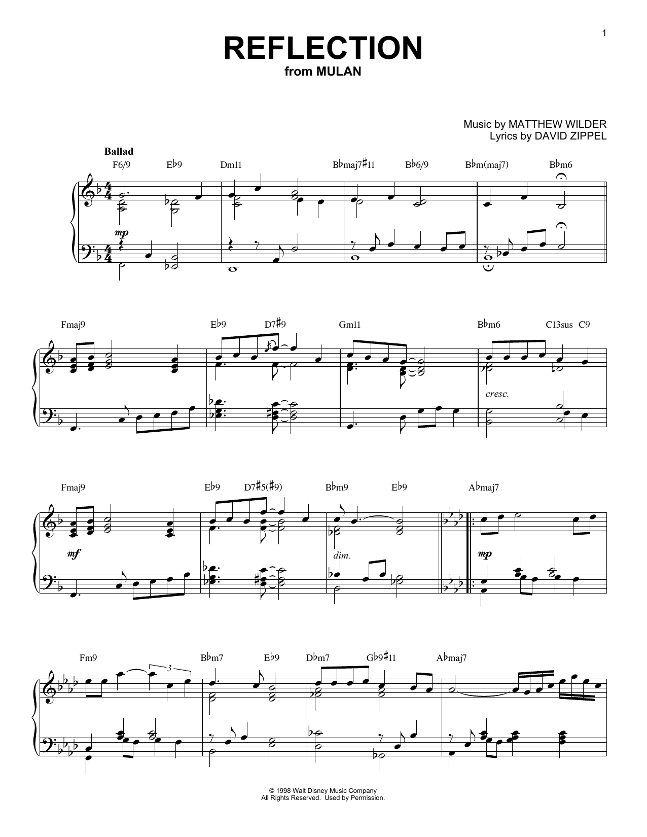 Matthew Wilder & David Zippel Reflection [Jazz version] (from Mulan) sheet music notes and chords arranged for Piano Solo