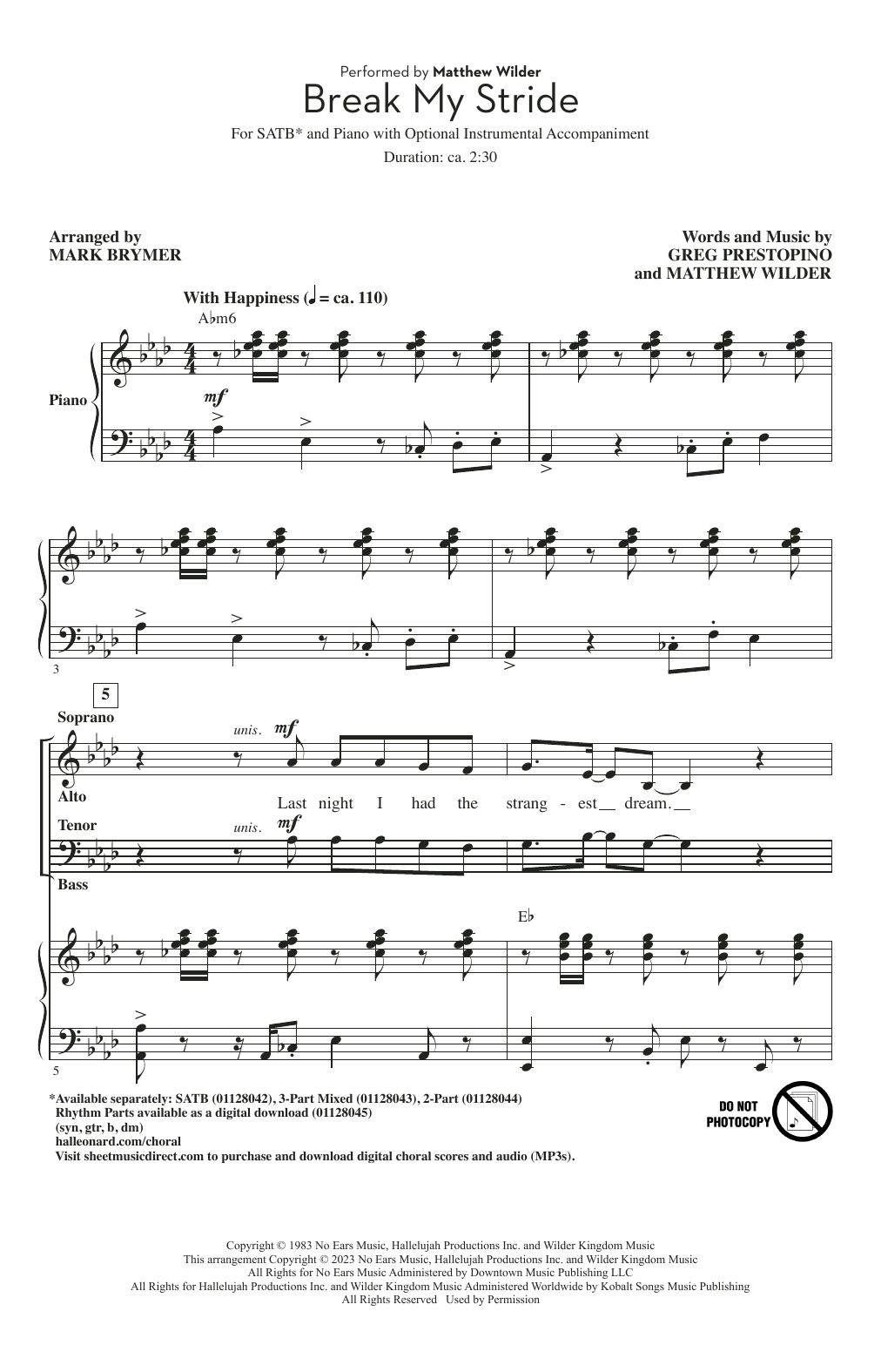 Matthew Wilder Break My Stride (arr. Mark Brymer) sheet music notes and chords arranged for 3-Part Mixed Choir