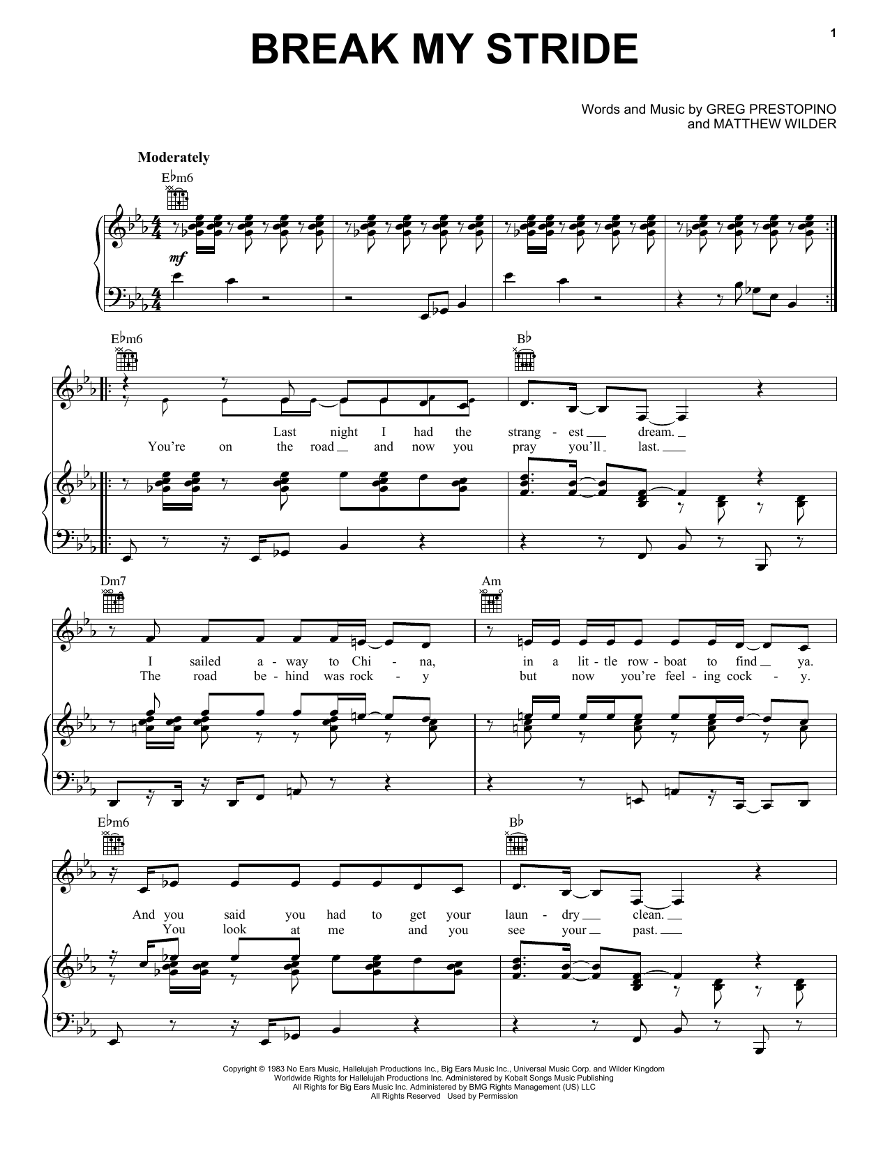 Matthew Wilder Break My Stride sheet music notes and chords arranged for Piano, Vocal & Guitar Chords (Right-Hand Melody)