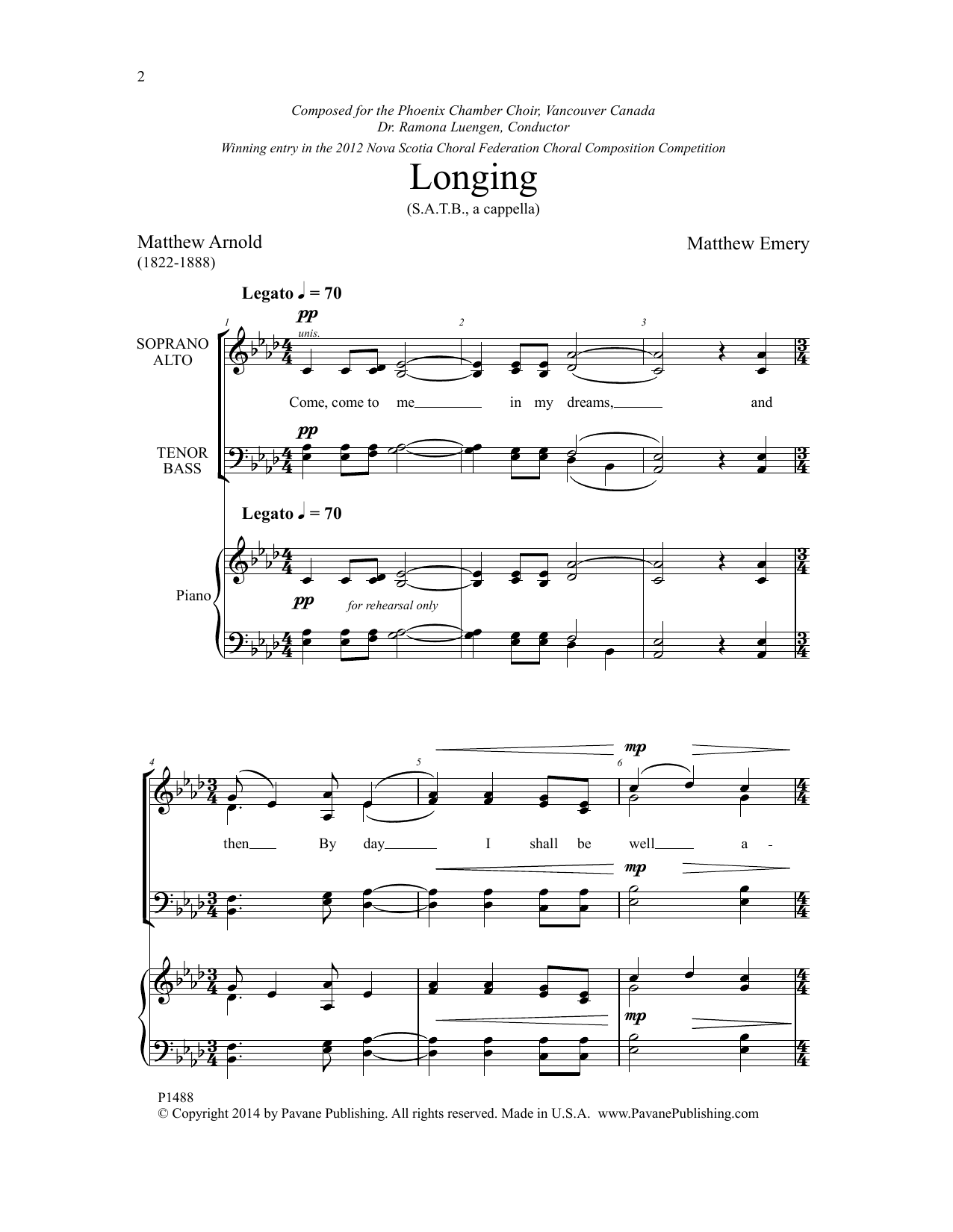 Matthew Arnold Longing sheet music notes and chords arranged for SATB Choir