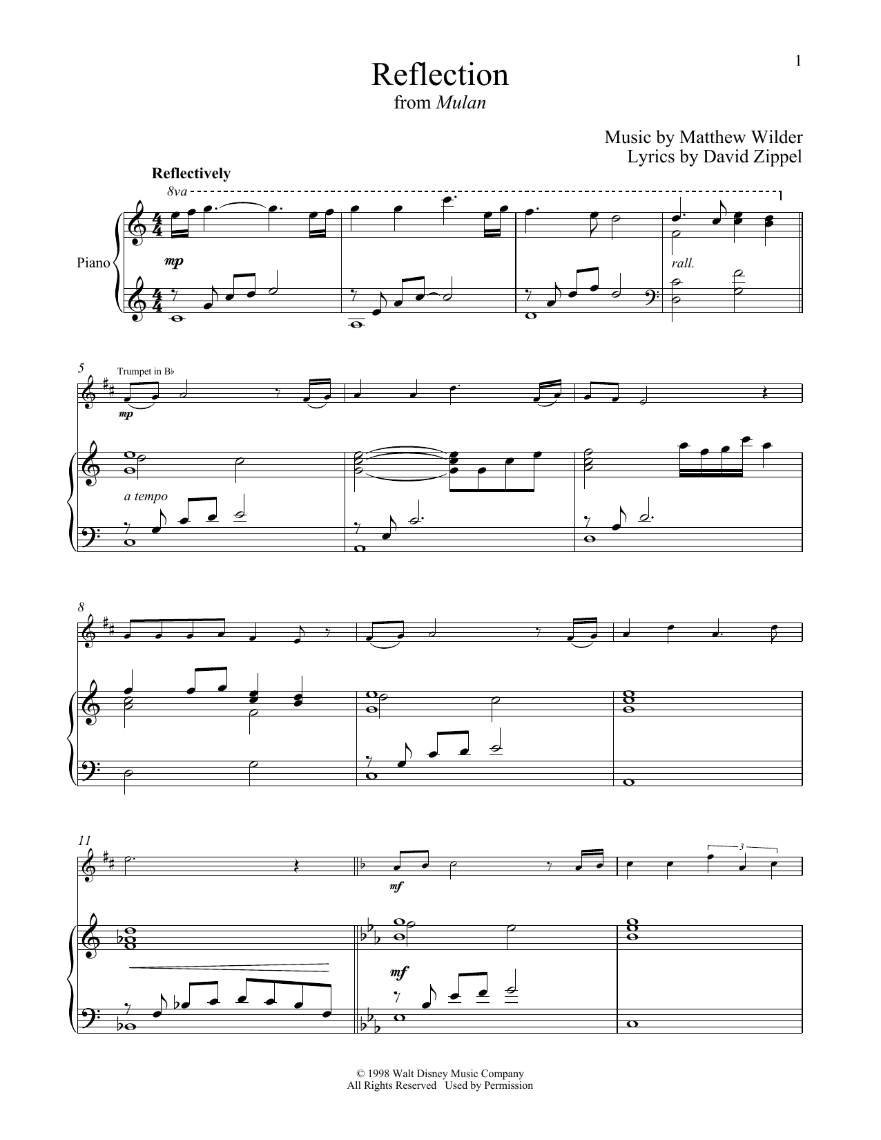 Matthew Wilder Reflection (from Mulan) sheet music notes and chords arranged for Trumpet and Piano
