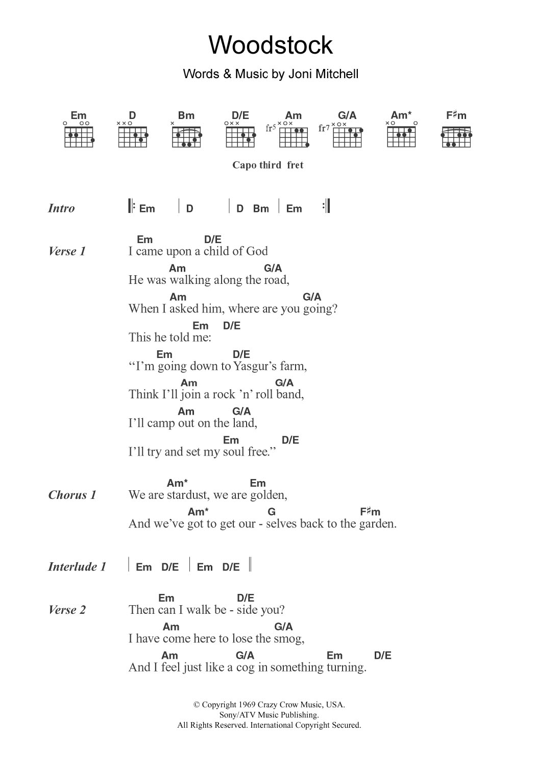 Matthews Southern Comfort Woodstock sheet music notes and chords arranged for Guitar Chords/Lyrics
