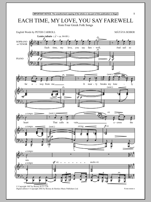 Mátyás Seiber Each Time, My Love, You Say Farewell (from Four Greek Folk Songs) sheet music notes and chords arranged for Piano & Vocal