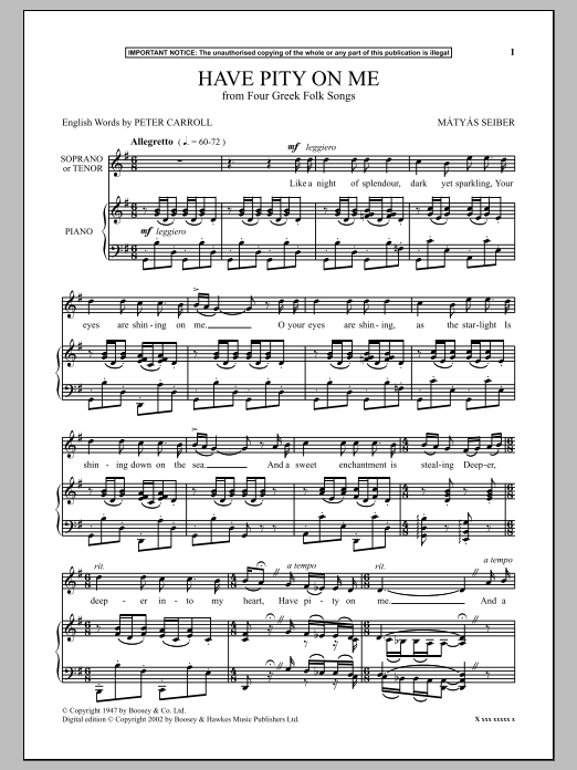 Mátyás Seiber Have Pity On Me (from Four Greek Folk Songs) sheet music notes and chords arranged for Piano & Vocal