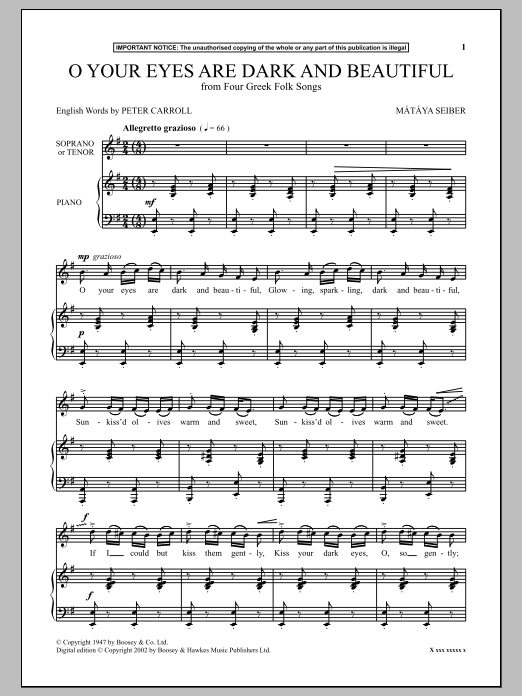 Mátyás Seiber O Your Eyes Are Dark And Beautiful (from Four Greek Folk Songs) sheet music notes and chords arranged for Piano & Vocal