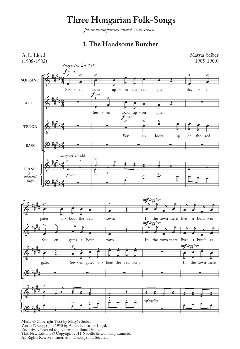 Matyas Seiber Three Hungarian Folk Songs sheet music notes and chords arranged for Choir