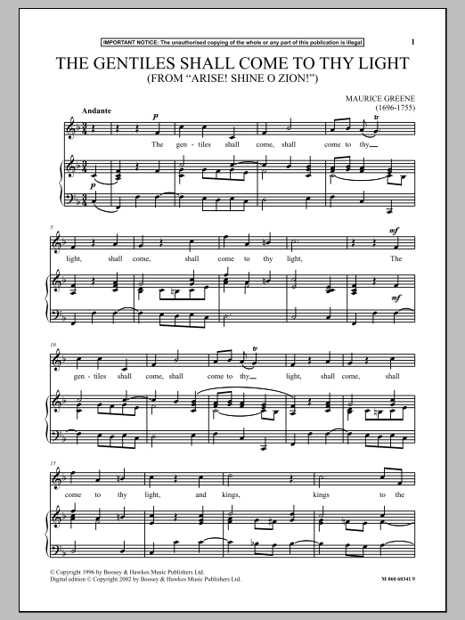 Maurice Greene The Gentiles Shall Come To Thy Light (from Arise! Shine O Zion!) sheet music notes and chords arranged for Piano & Vocal
