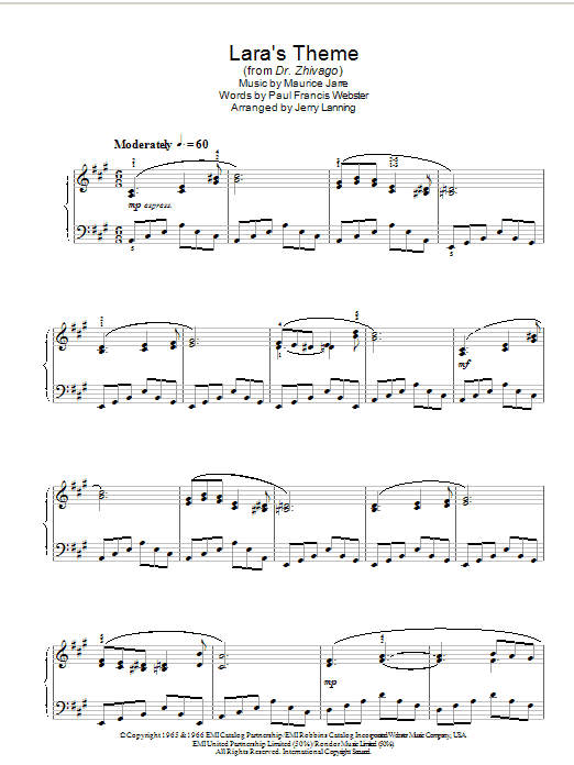 Maurice Jarre Lara's Theme (from Dr Zhivago) sheet music notes and chords arranged for Piano Solo