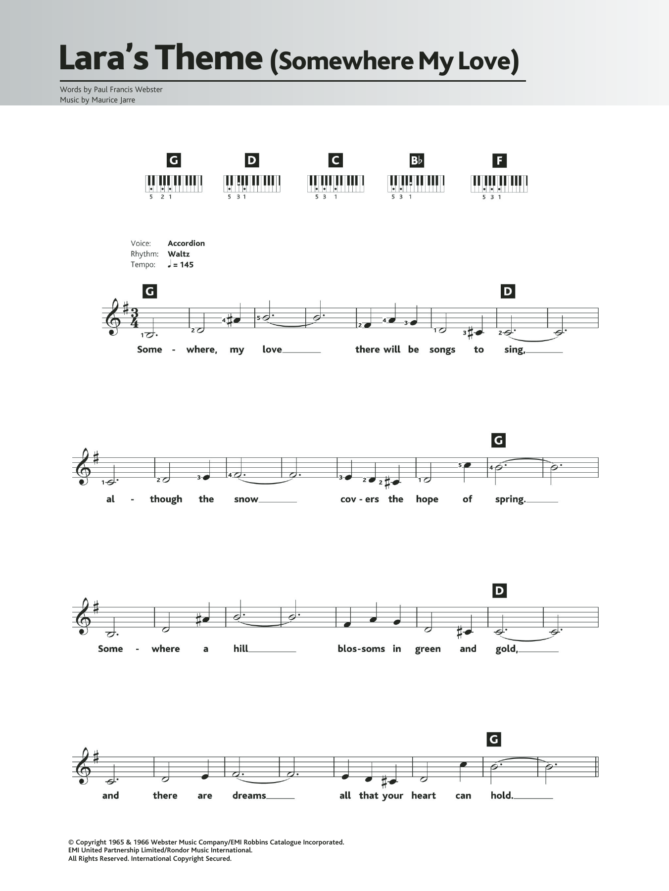 Maurice Jarre Somewhere My Love (Lara's Theme) sheet music notes and chords arranged for Piano Chords/Lyrics