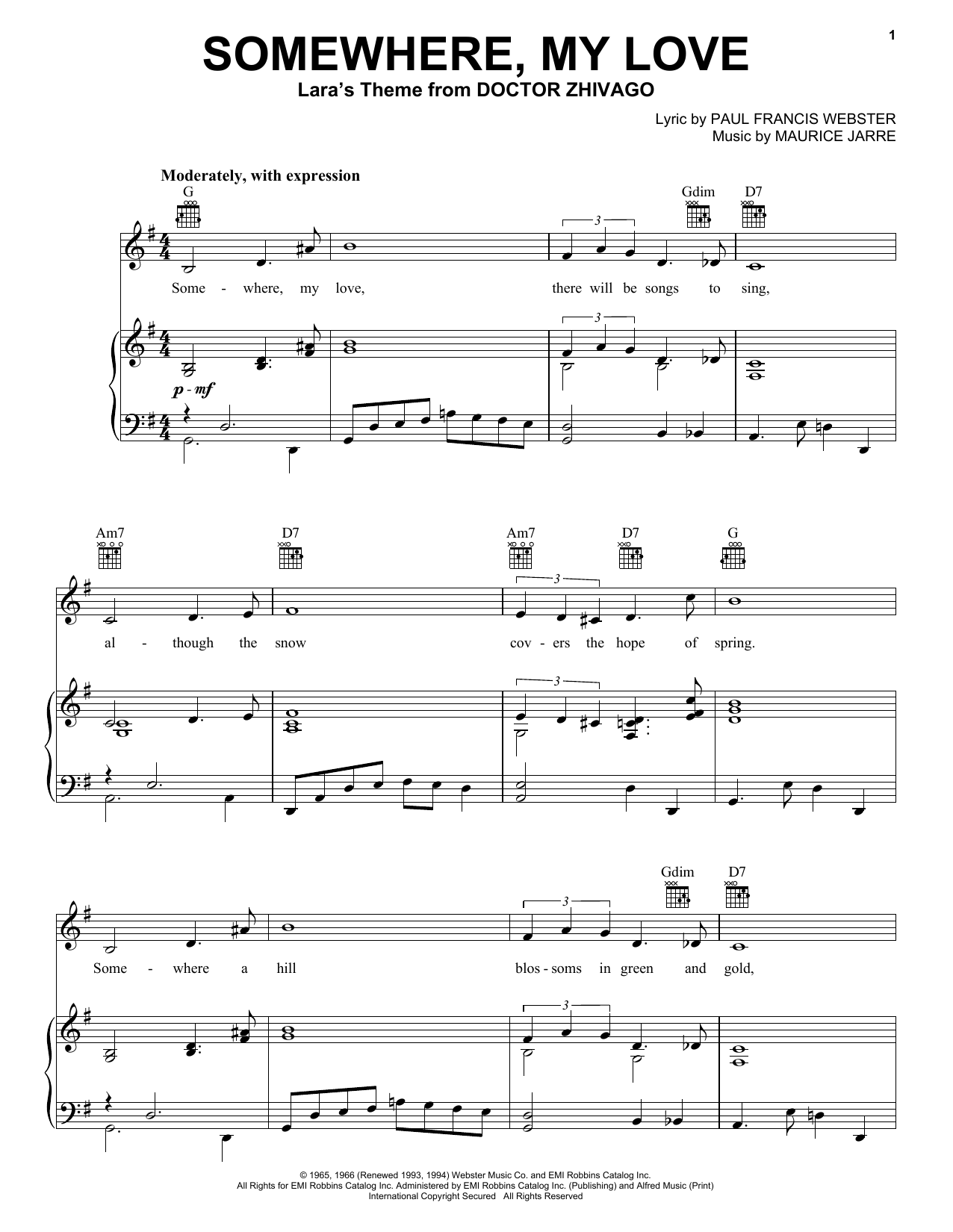Maurice Jarre Somewhere, My Love sheet music notes and chords arranged for Alto Sax Solo