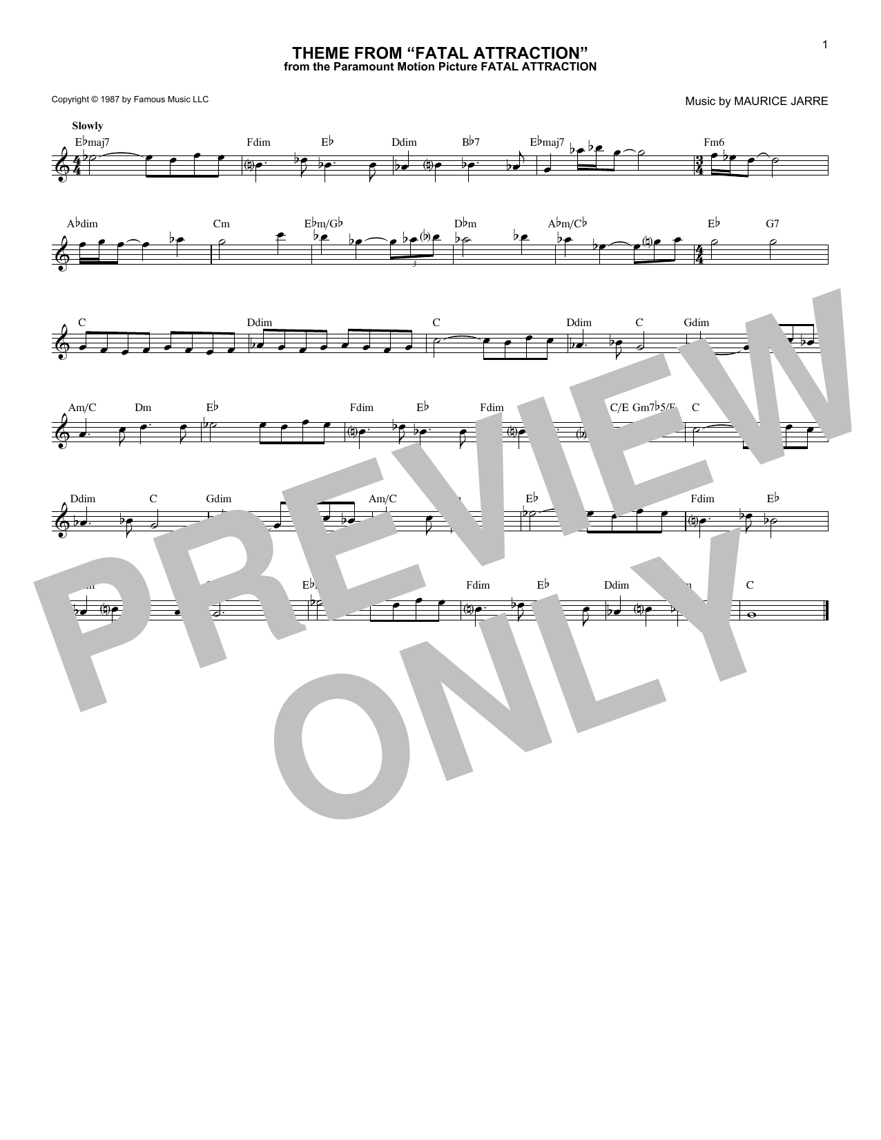 Maurice Jarre Theme From Fatal Attraction sheet music notes and chords arranged for Piano Solo