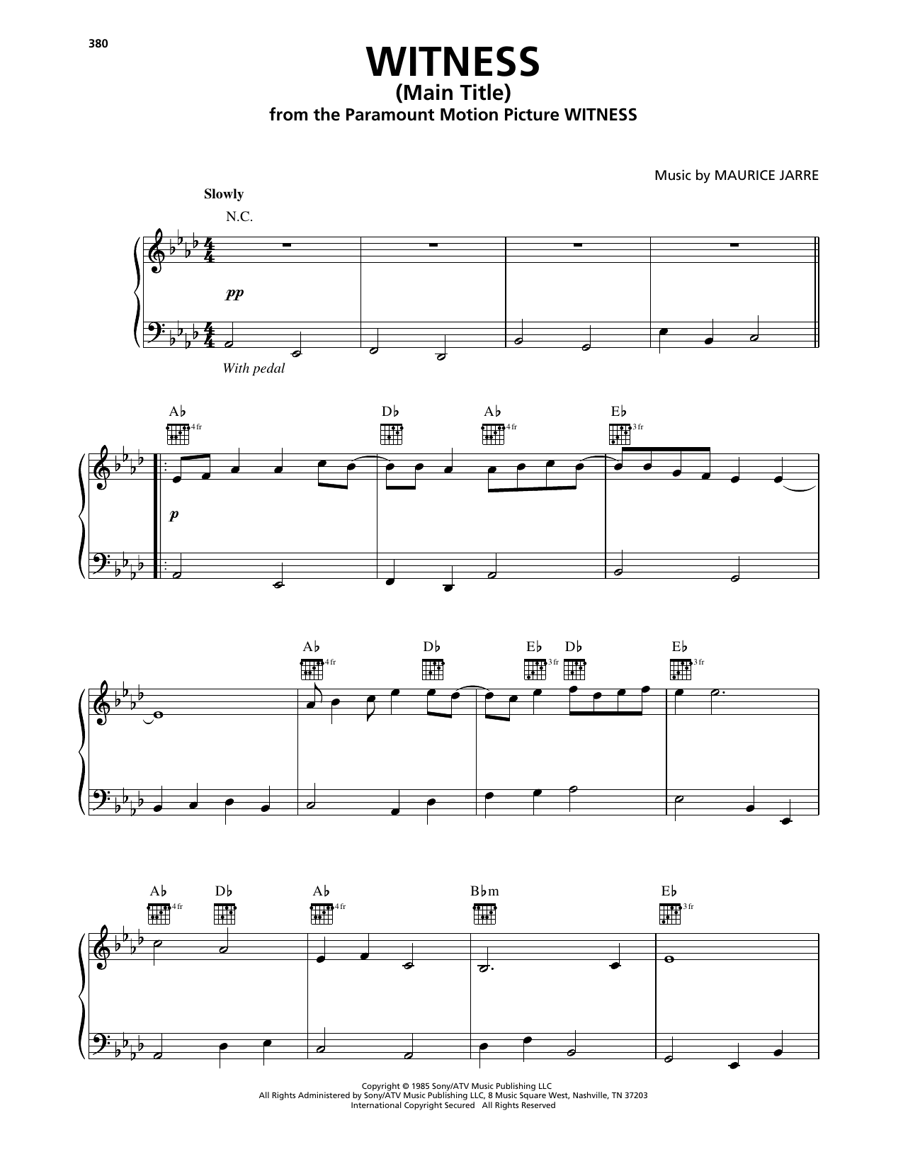 Maurice Jarre Witness (Main Title) sheet music notes and chords arranged for Piano Solo