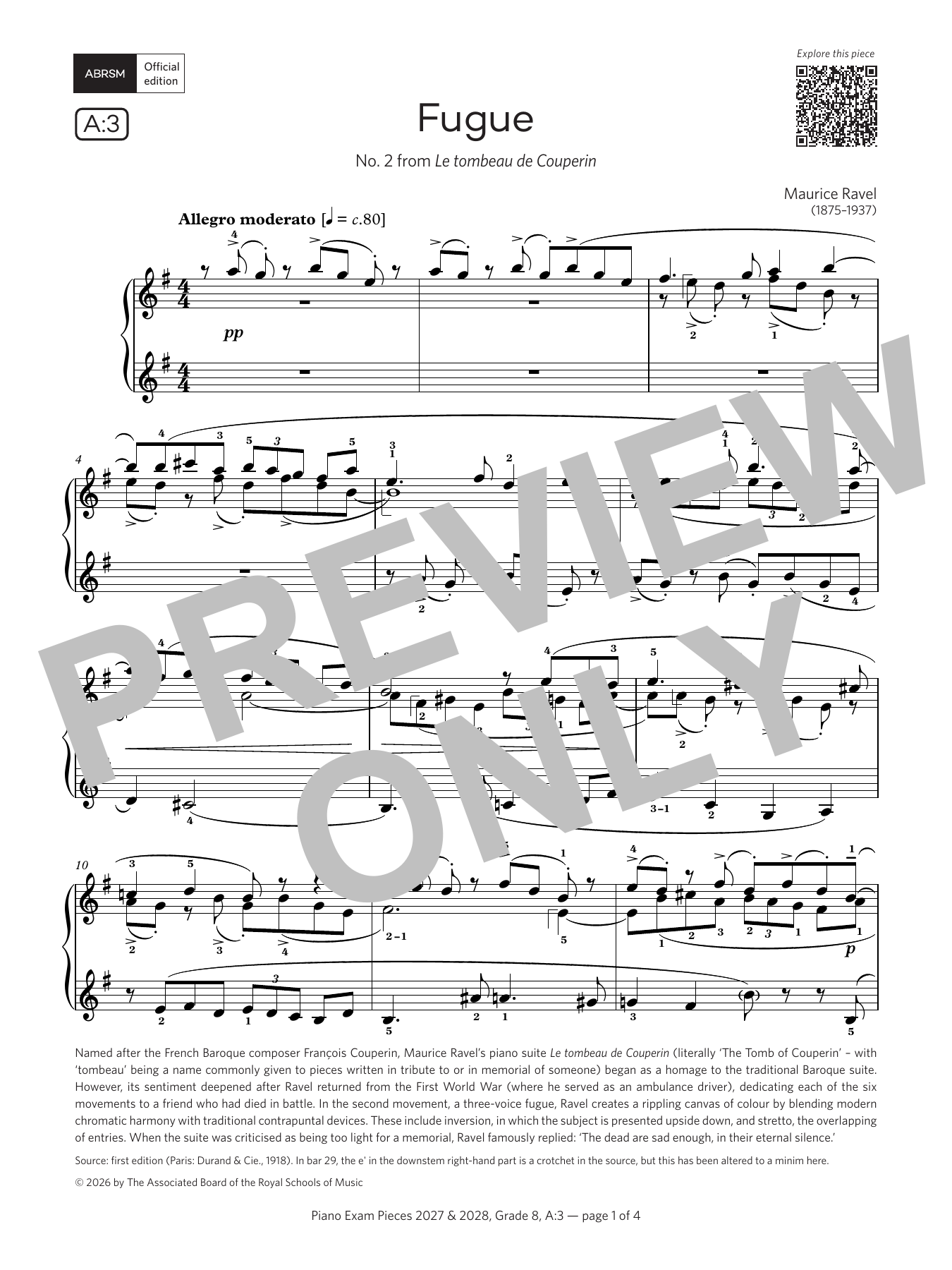 Maurice Ravel Fugue (Grade 8, list A3, from the ABRSM Piano Syllabus 2027 & 2028) sheet music notes and chords arranged for Piano Solo