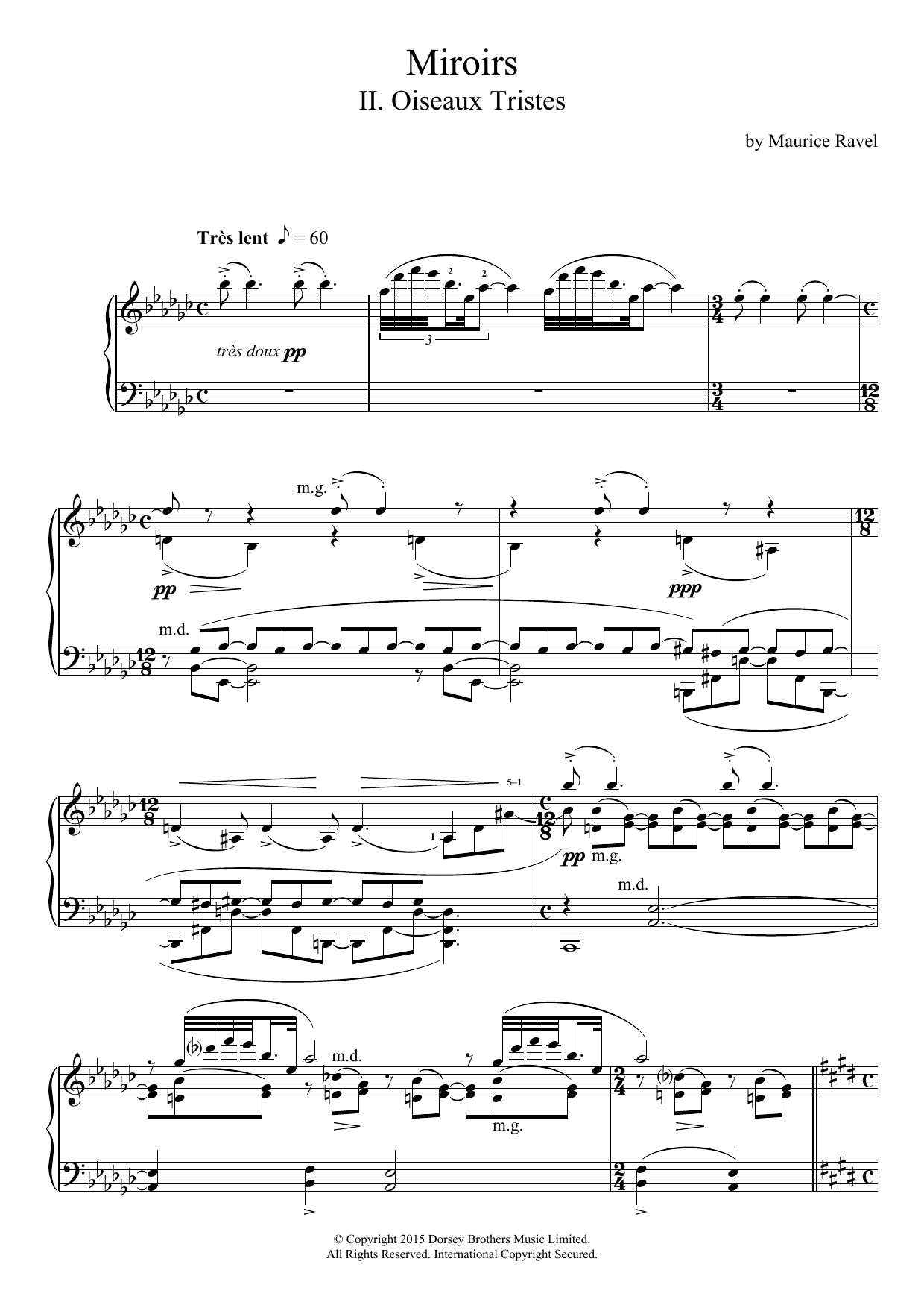 Maurice Ravel Miroirs - II. Oiseaux Tristes sheet music notes and chords arranged for Piano Solo