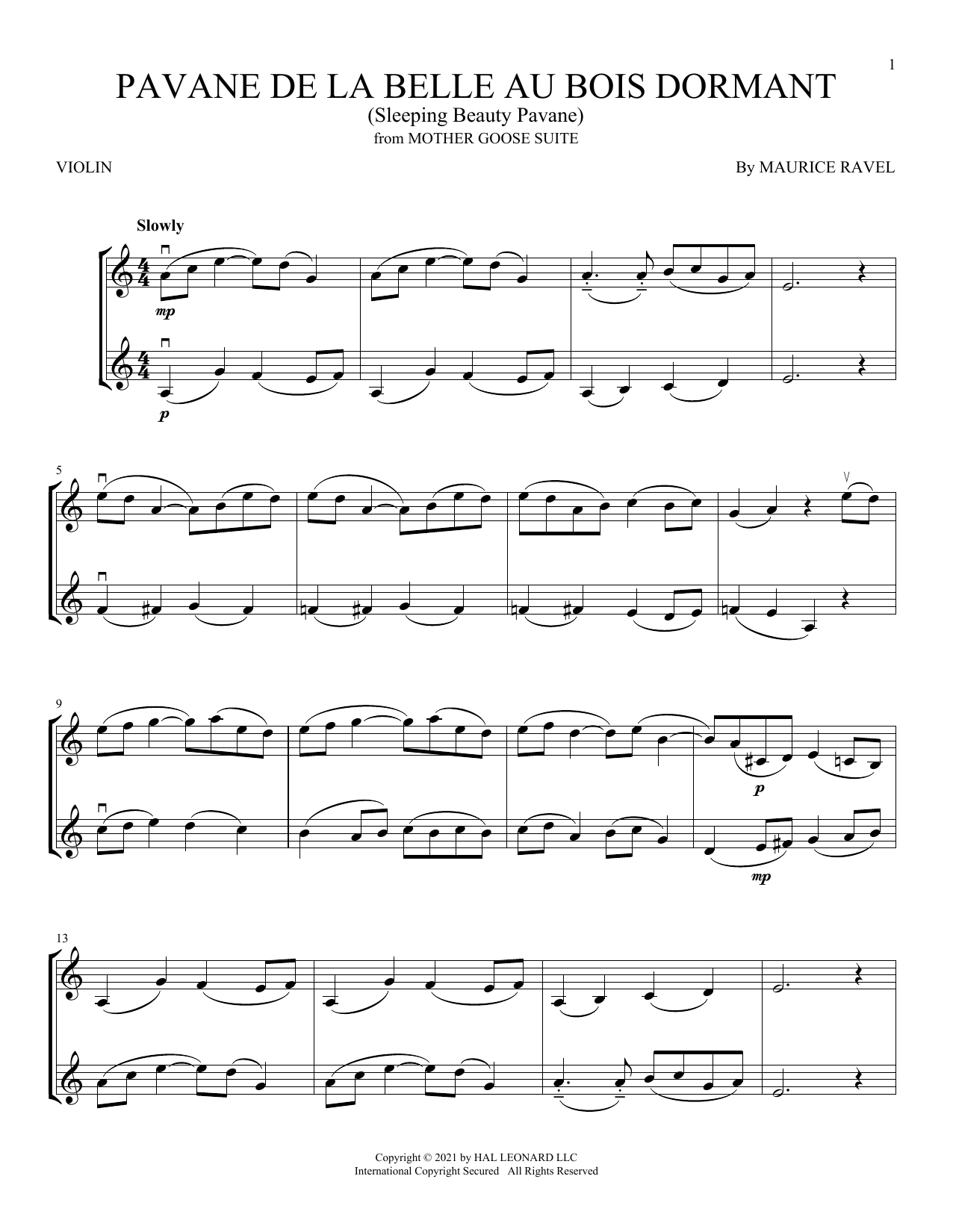 Maurice Ravel Pavane de la belle au bois dormant (Sleeping Beauty Pavane) sheet music notes and chords arranged for Violin Duet