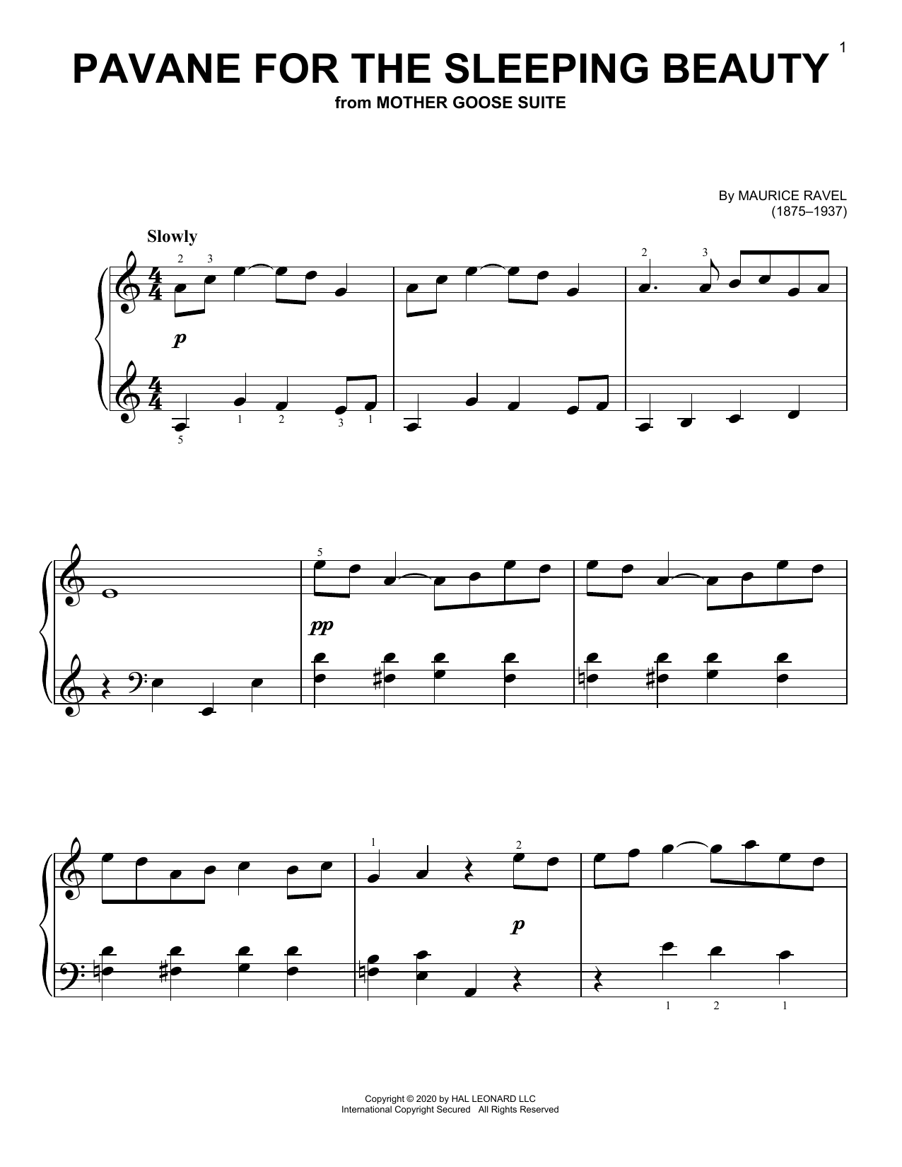 Maurice Ravel Pavanne De La Belle Au Bois Dormant sheet music notes and chords arranged for Easy Piano