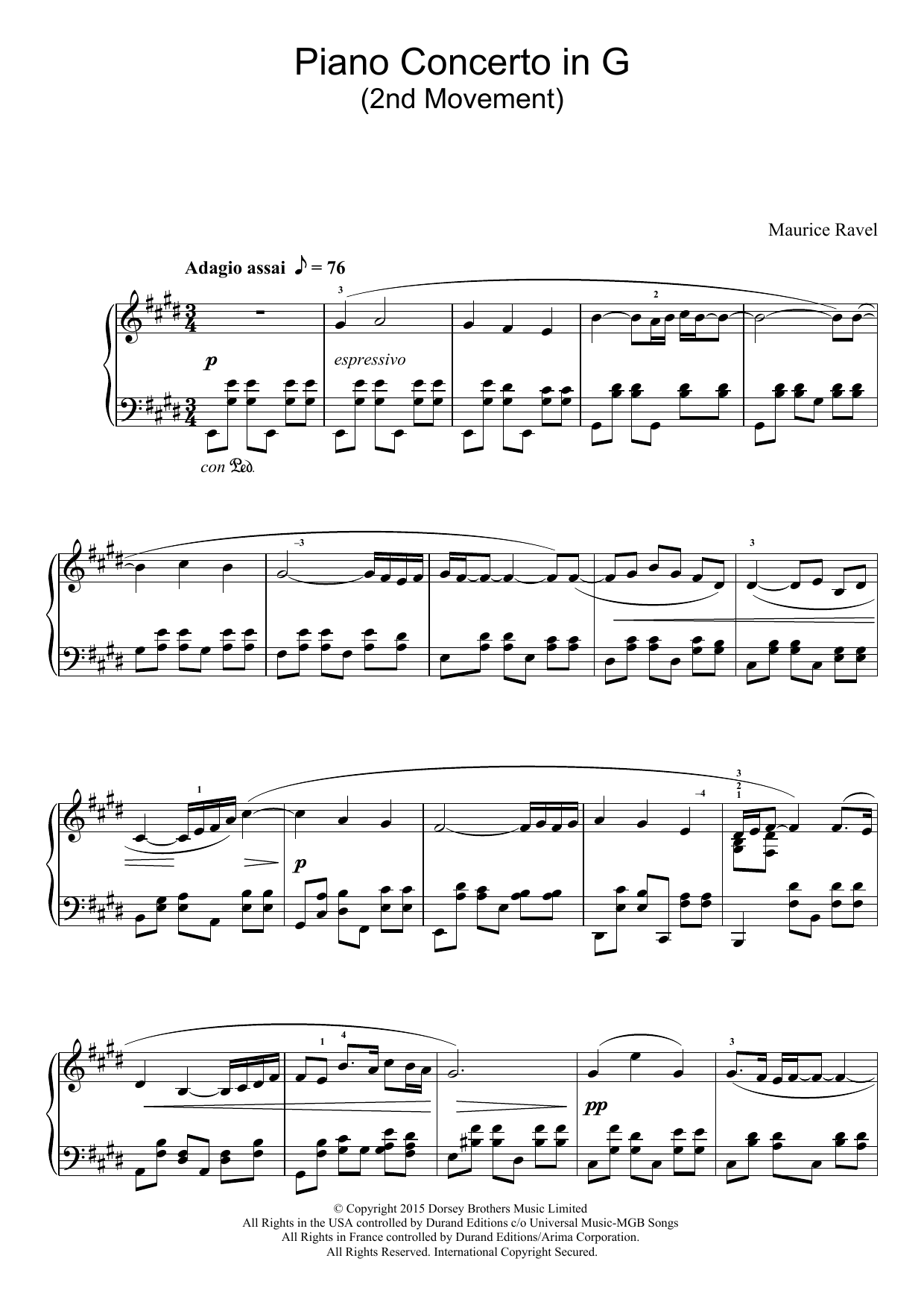 Maurice Ravel Piano Concerto In G, 2nd Movement 'Adagio Assai' (Excerpt) sheet music notes and chords arranged for Piano Solo
