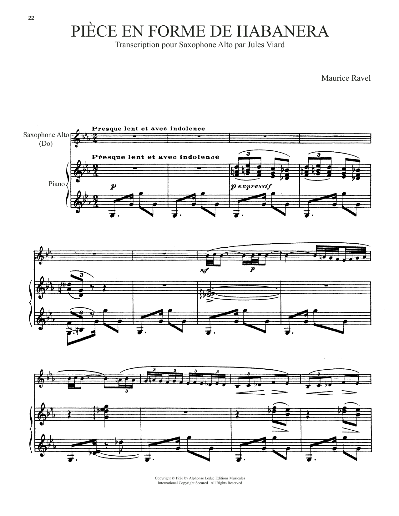 Maurice Ravel Piece En Forme De Habanera sheet music notes and chords arranged for Flute and Piano