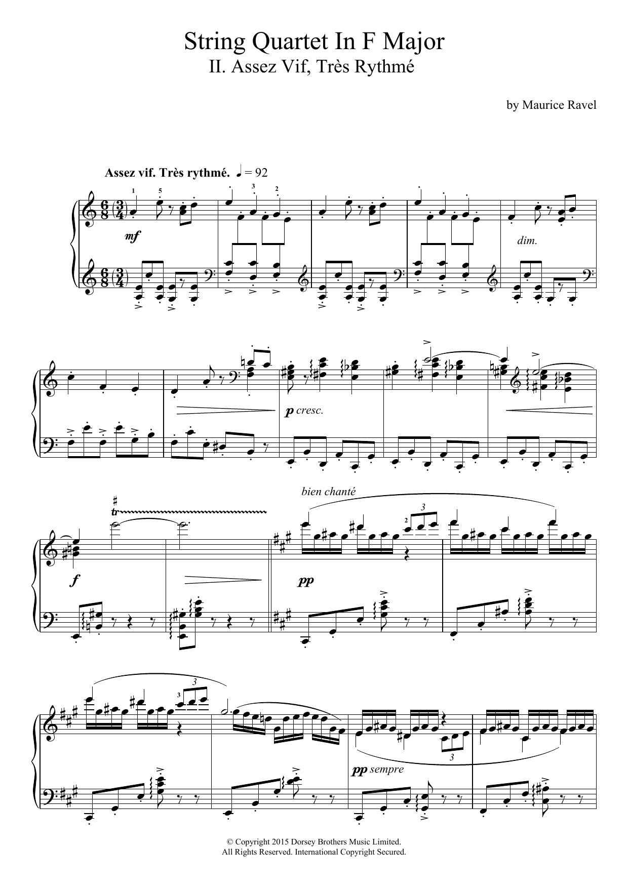 Maurice Ravel String Quartet In F Major - II. Assez Vif, Tres Rythme sheet music notes and chords arranged for Piano Solo