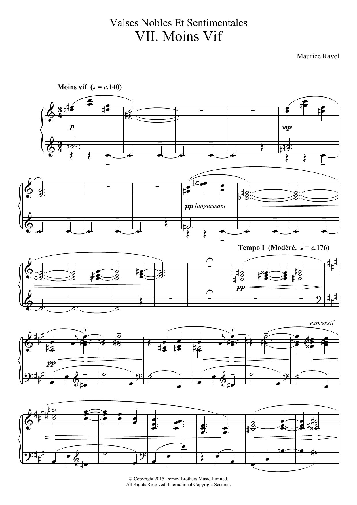Maurice Ravel Valses Nobles Et Sentimentales - VII. Moins Vif sheet music notes and chords arranged for Piano Solo