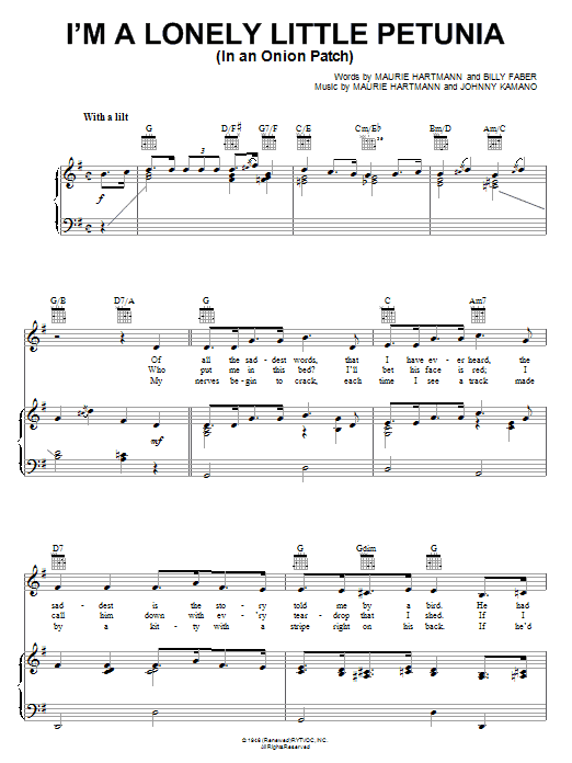 Maurie Hartmann I'm A Lonely Little Petunia (In An Onion Patch) sheet music notes and chords arranged for Piano, Vocal & Guitar Chords (Right-Hand Melody)