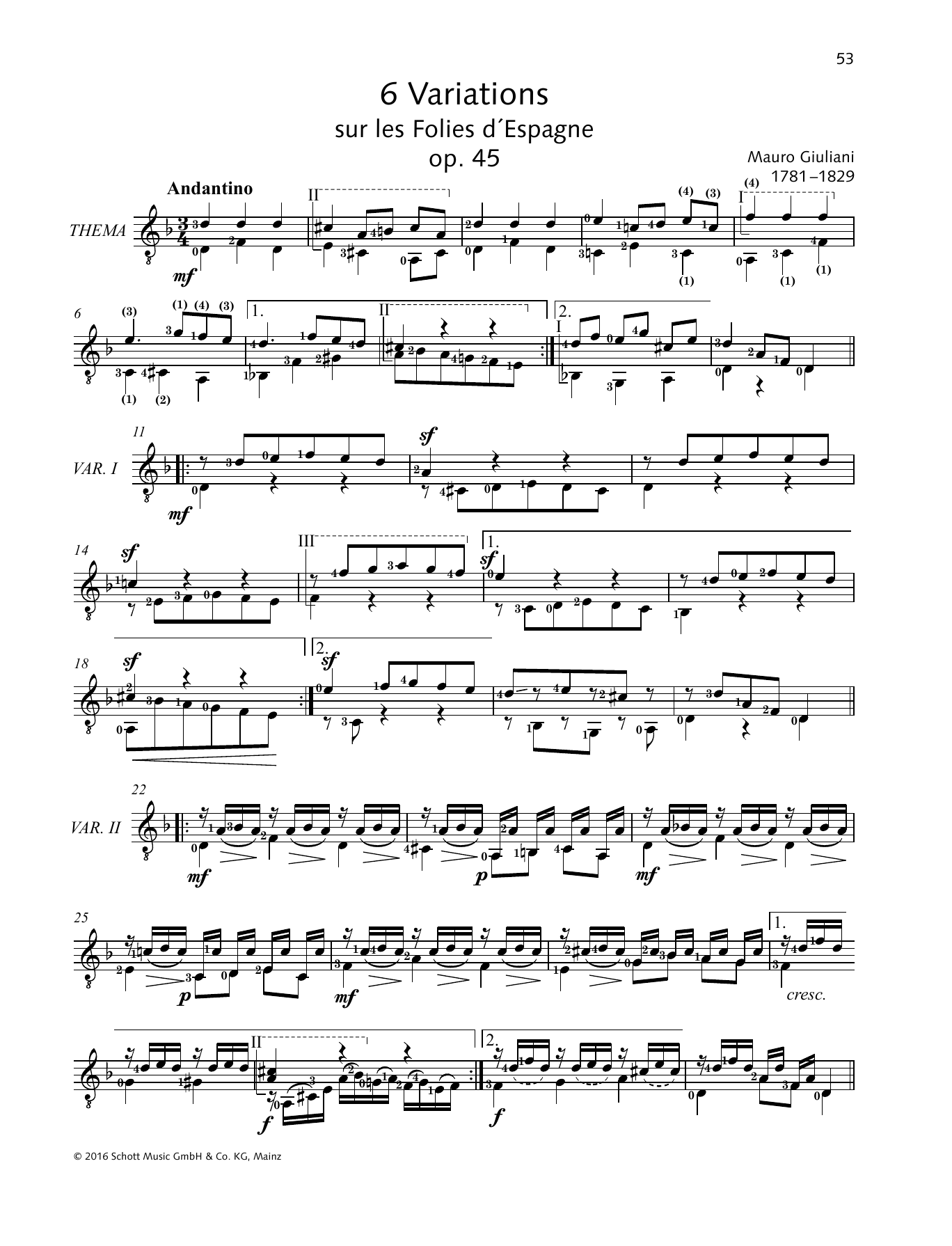 Mauro Giuliani 6 Variations sheet music notes and chords arranged for Solo Guitar