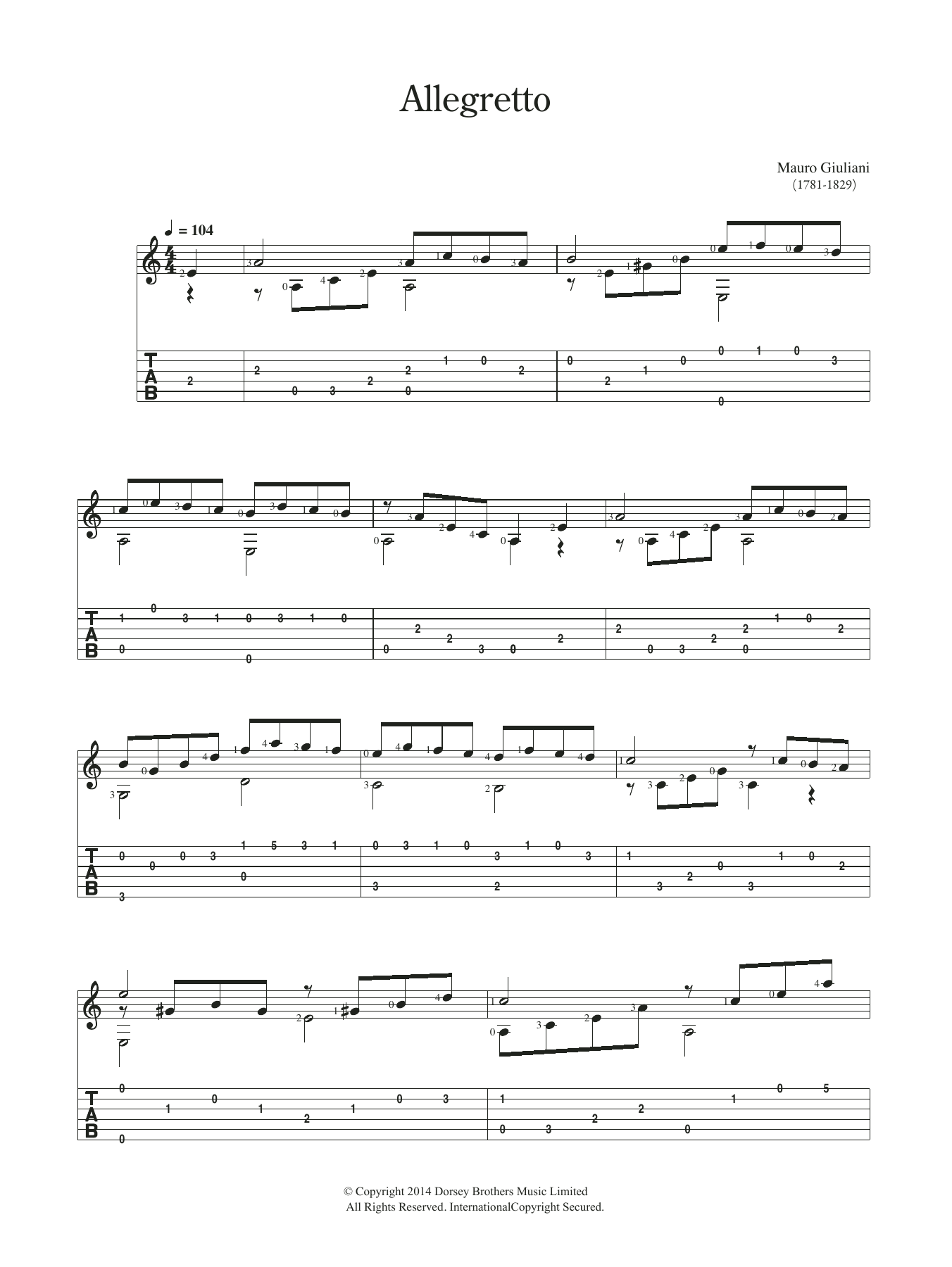Mauro Giuliani Allegretto sheet music notes and chords arranged for Solo Guitar