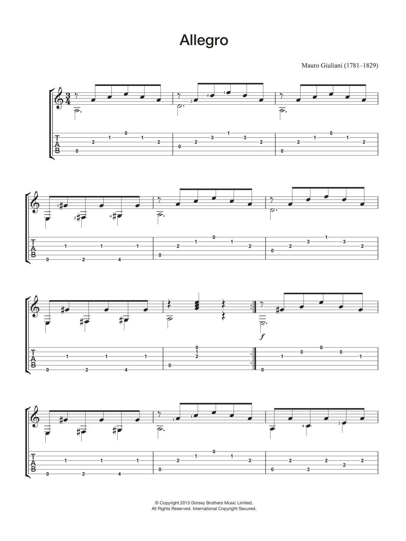 Mauro Giuliani Allegro sheet music notes and chords arranged for Easy Guitar