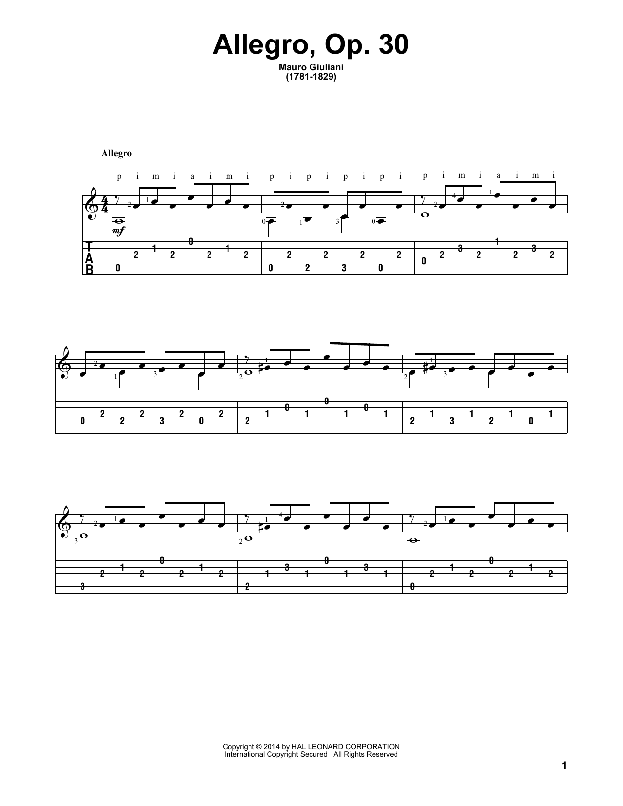 Mauro Giuliani Allegro Op. 30 sheet music notes and chords arranged for Solo Guitar