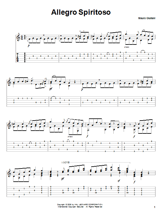 Mauro Giuliani Allegro Spiritoso sheet music notes and chords arranged for Solo Guitar