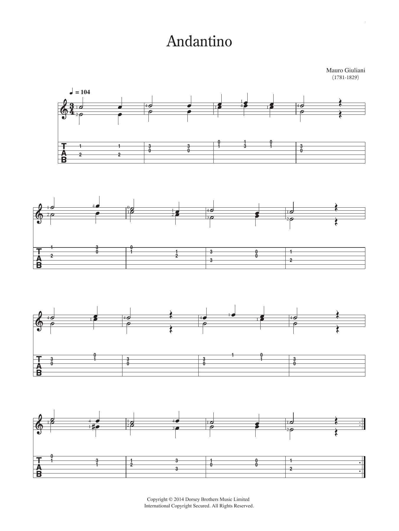 Mauro Giuliani Andantino sheet music notes and chords arranged for Solo Guitar