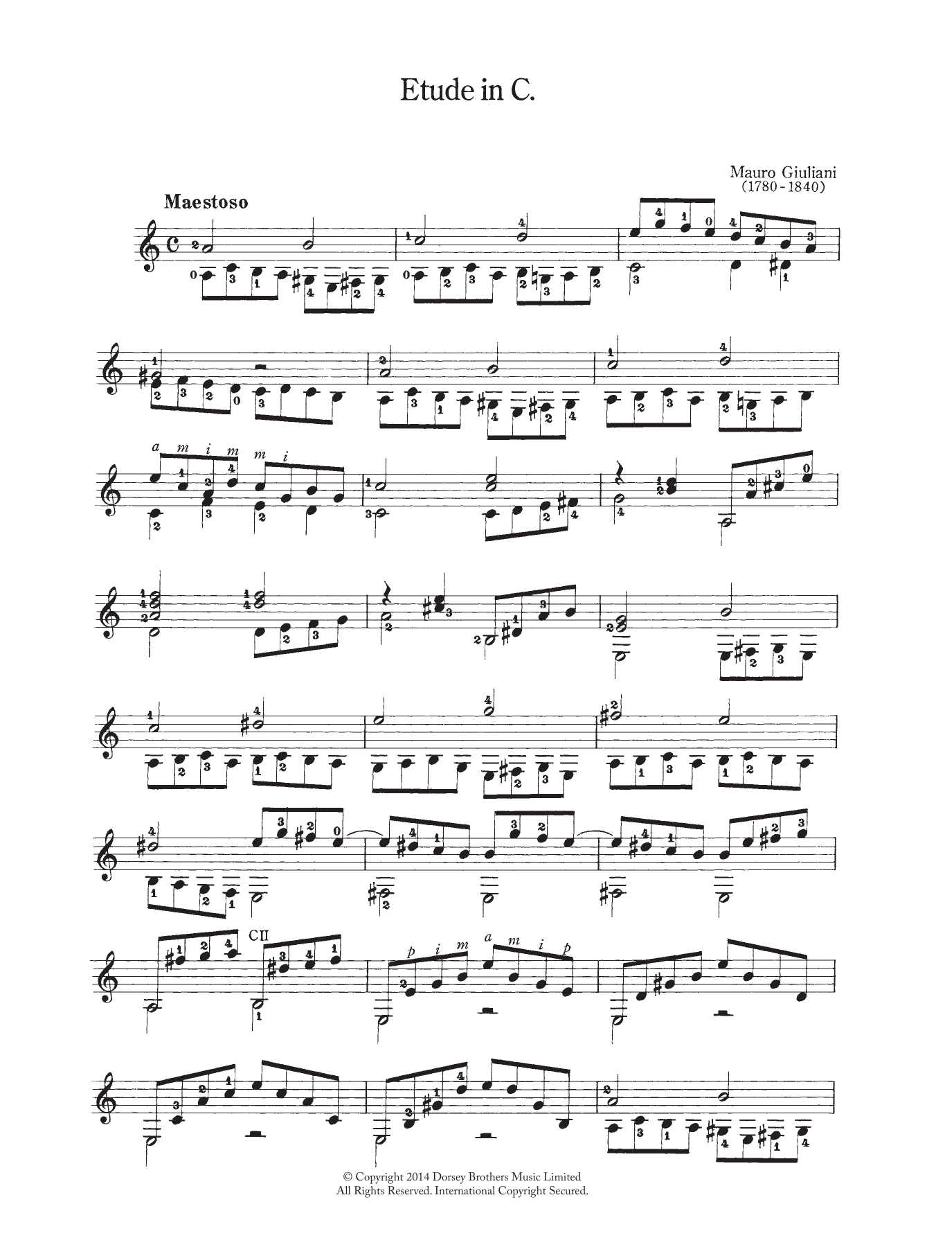 Mauro Giuliani Etude In C sheet music notes and chords arranged for Solo Guitar