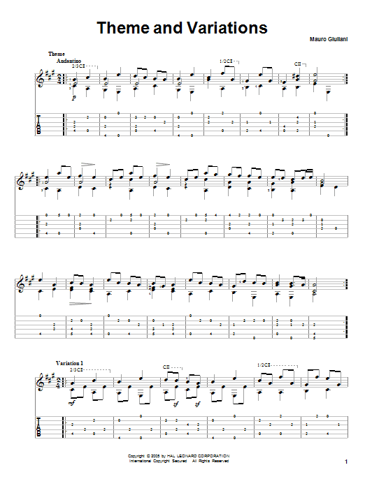 Mauro Giuliani Theme And Variations sheet music notes and chords arranged for Solo Guitar
