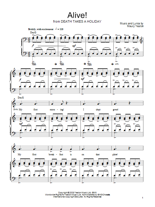Maury Yeston Alive! sheet music notes and chords arranged for Piano, Vocal & Guitar Chords (Right-Hand Melody)