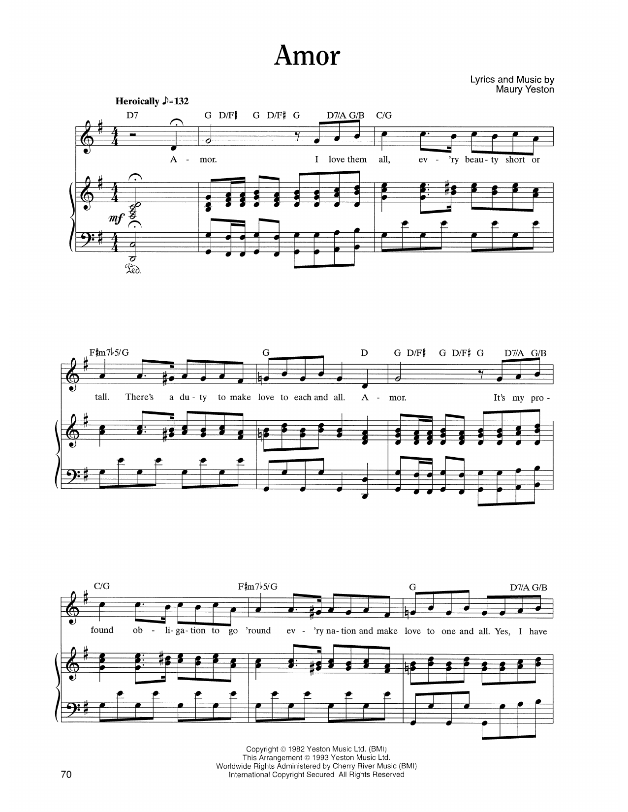 Maury Yeston Amor (from Nine) sheet music notes and chords arranged for Piano, Vocal & Guitar Chords (Right-Hand Melody)