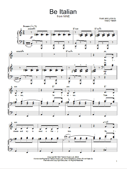Maury Yeston Be Italian sheet music notes and chords arranged for Piano, Vocal & Guitar Chords (Right-Hand Melody)